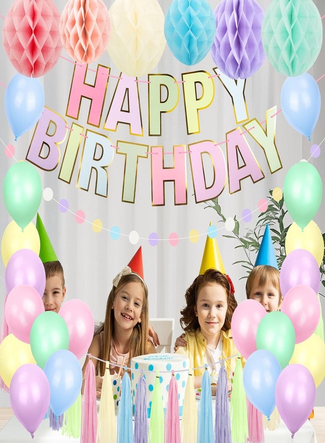 Marwey Pastel Birthday Decorations for Girls Women, Happy Birthday Banner with Honeycomb Balls, Tassel & Circle Dots Garland, Balloons for Rainbow Spring Party Decorations Supplies - Image 2