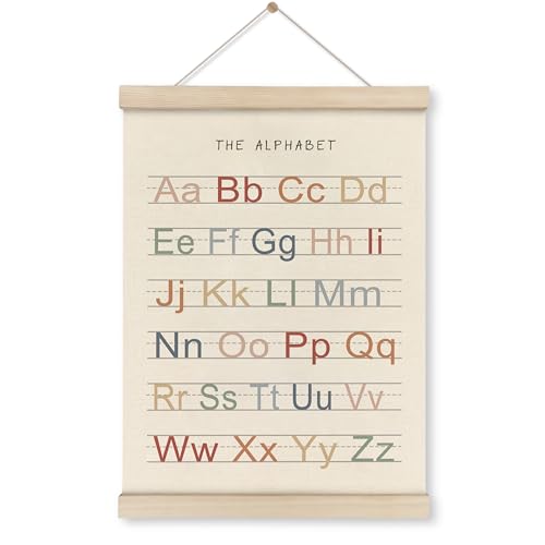 HRQKO Alphabet Poster Hanger Frame, Nursery Wall Decor, Boho ABC Poster Wall Art with Wooden Frames, Alphabet Banner Wall Hanging Decor for Toddler Playroom, 12x16 Inch - Image 1