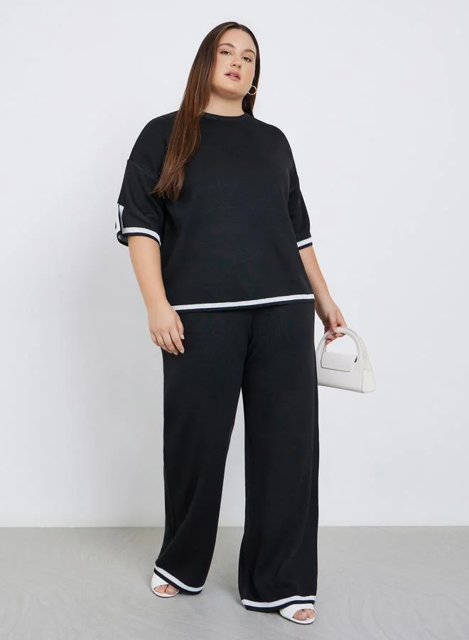 Styli Styli Plus Contrast Trim Wide Leg Knit Pants