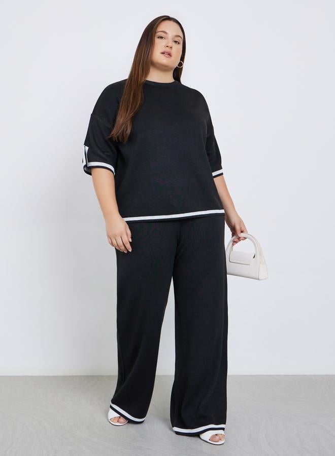 Styli Plus Contrast Trim Wide Leg Knit Pants - Image 1