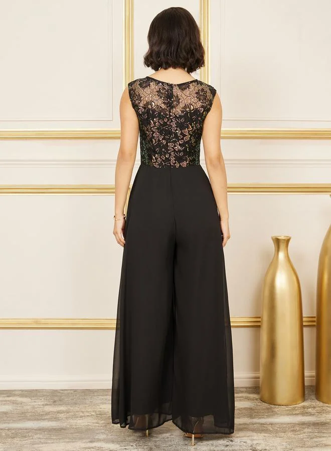 ستايلي Lace Detail Mesh Insert Wide Leg Jumpsuit