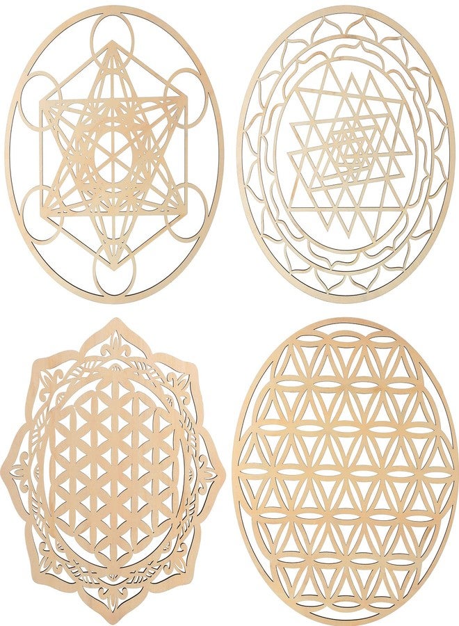 Youyole 4 Pcs 12 Inch Sacred Geometry Wood Wall Art Set Crystal Grid Board Zen Metatron Cube Sri Yantra Flower of Life Mandala Flower of Life Zen Wooden Wall Hanging Decor for Home Room - Image 1