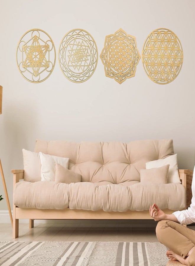 Youyole 4 Pcs 12 Inch Sacred Geometry Wood Wall Art Set Crystal Grid Board Zen Metatron Cube Sri Yantra Flower of Life Mandala Flower of Life Zen Wooden Wall Hanging Decor for Home Room - Image 2