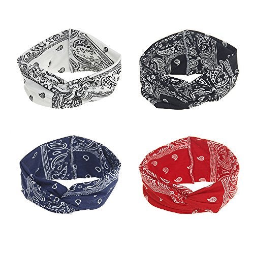 DINPREY Assorted Paisley Print Wide Bandana Knot Headbands Criss Cross Head Wrap Hair Band (4 Colors Pack A) - Image 1