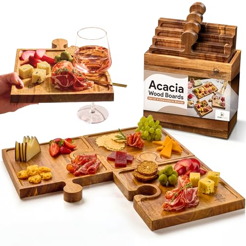 Homesphere Wooden Charcuterie Boards, Appetizer Tray for Parties & Cutting Board with Handle, Set of 4, Acacia Wood Board, Wine Gifts, Wine Accessories, Interlocking Puzzle Serving Tray w/Storage Box - Image 1