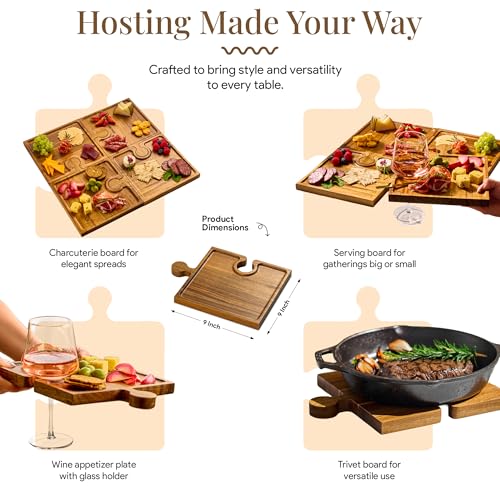 Homesphere Wooden Charcuterie Boards, Appetizer Tray for Parties & Cutting Board with Handle, Set of 4, Acacia Wood Board, Wine Gifts, Wine Accessories, Interlocking Puzzle Serving Tray w/Storage Box - Image 2