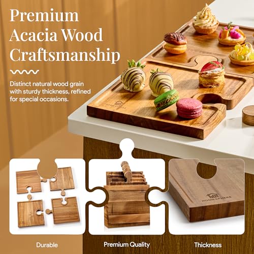 Homesphere Wooden Charcuterie Boards, Appetizer Tray for Parties & Cutting Board with Handle, Set of 4, Acacia Wood Board, Wine Gifts, Wine Accessories, Interlocking Puzzle Serving Tray w/Storage Box - Image 5