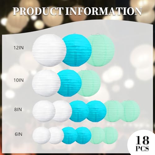 Zankubom 20Pcs Blue Light Blue White Paper Lanterns for Parties 6 8 10 12 Chinese Asian Hanging Round Paper Lanterns for Birthday Wedding Halloween Christmas Home Decor Party Decor - Image 3