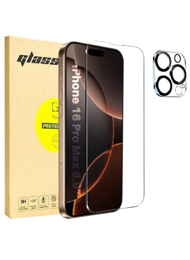 Glass [1+1 Pack] iPhone 16 Pro Max Tempered Glass Screen Protector with Camera Lens Protector, Shatterproof and Shockproof, HD 9H Hardness Bubble Free Scratch Resistant (Boxed, with Installation Tool)  - Image 1
