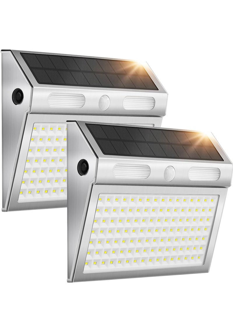 2 Packs Outdoor Solar Light, 4 Modes Stainless Steel Motion Sensor Light with 112 LED, IP65 Waterproof Light, Outdoor Lighting for Backyard, Garage, Deck - Image 1