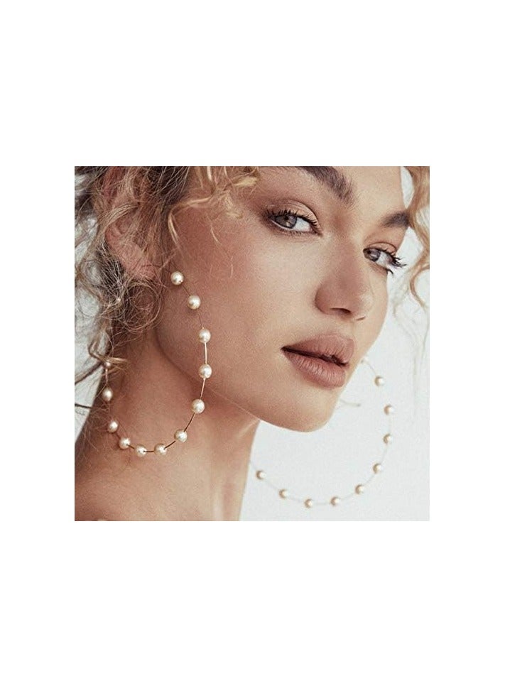 Doubnine Large Hoops super Huge Circle Pearls Earrings Thin Dangle Gold Silver Elegant Wedding Women Accessories Jewelry Gift for Her (90mm silver)