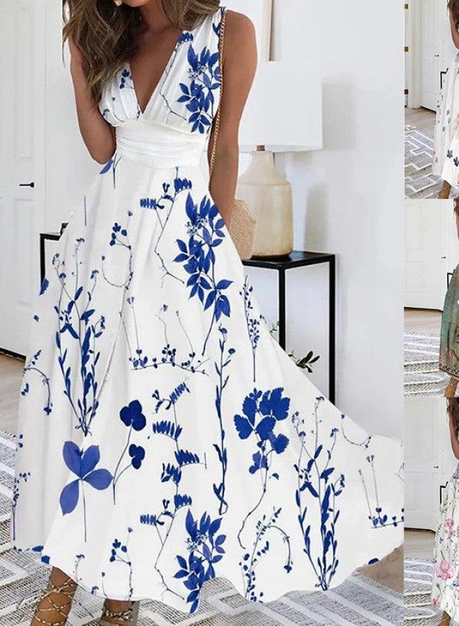 Yailla Summer V Neck High Waist Sleeveless Printed Sexy Vest Dress 