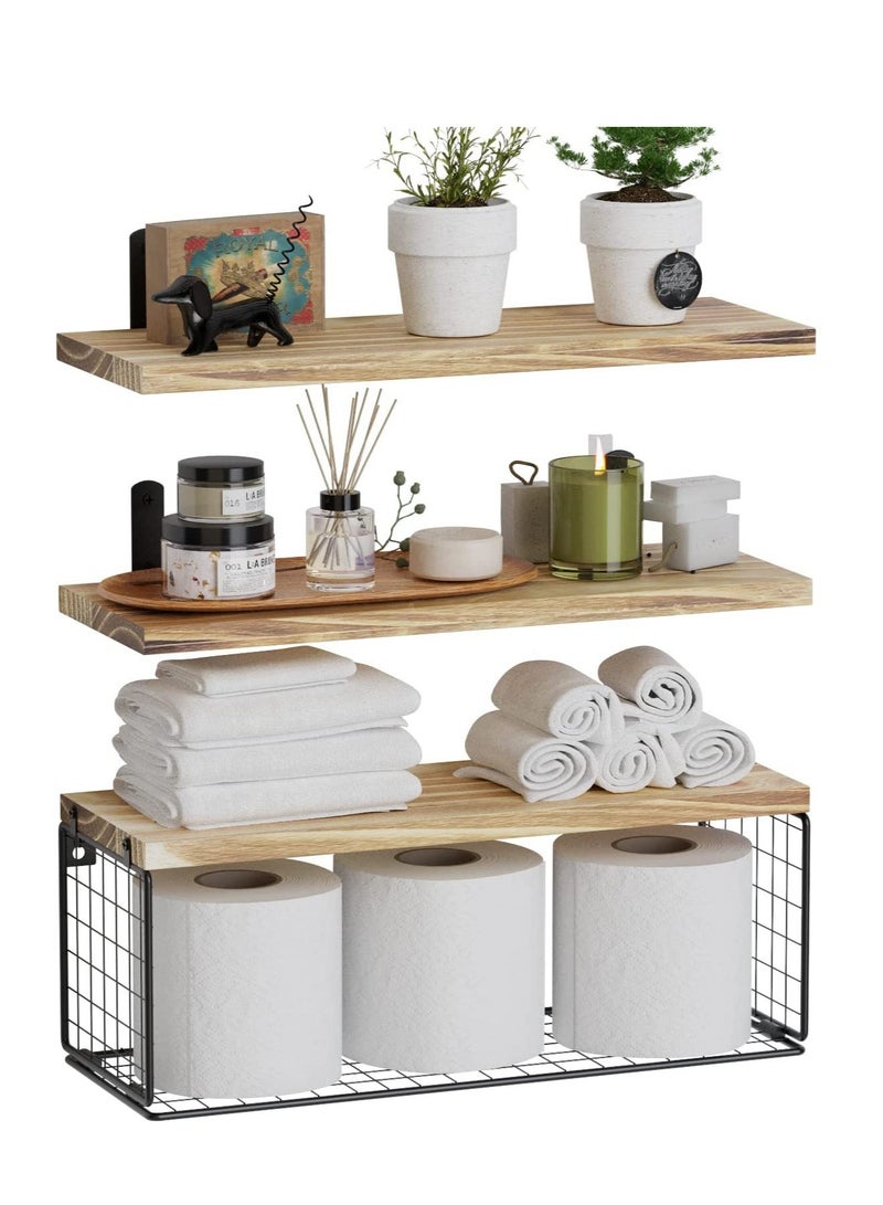 ميكسد رفوف الحمام مع سلال التخزين في الجزء العلوي من الحمام ، رفوف الحمام العائمة المستخدمة في تنظيم المنزل والديكور الجدار ، رفوف الحمام / المطبخ / غرفة المعيشة ، والخشب الطبيعي ( الخشب الطبيعي ) - Image 1