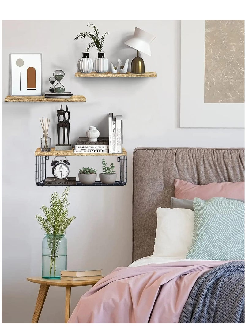 ميكسد رفوف الحمام مع سلال التخزين في الجزء العلوي من الحمام ، رفوف الحمام العائمة المستخدمة في تنظيم المنزل والديكور الجدار ، رفوف الحمام / المطبخ / غرفة المعيشة ، والخشب الطبيعي ( الخشب الطبيعي ) - Image 4