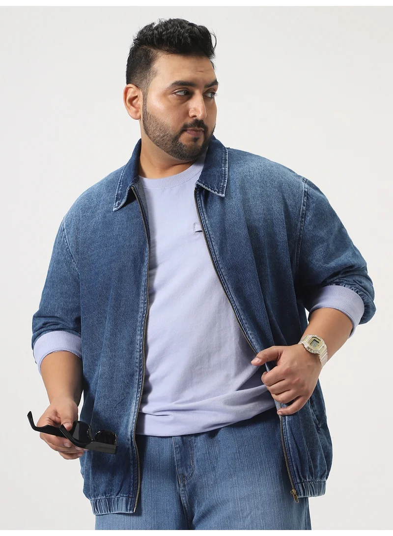 Urbano Plus Men's Dark Blue Relaxed Fit Full Sleeve Harrington Denim Jacket