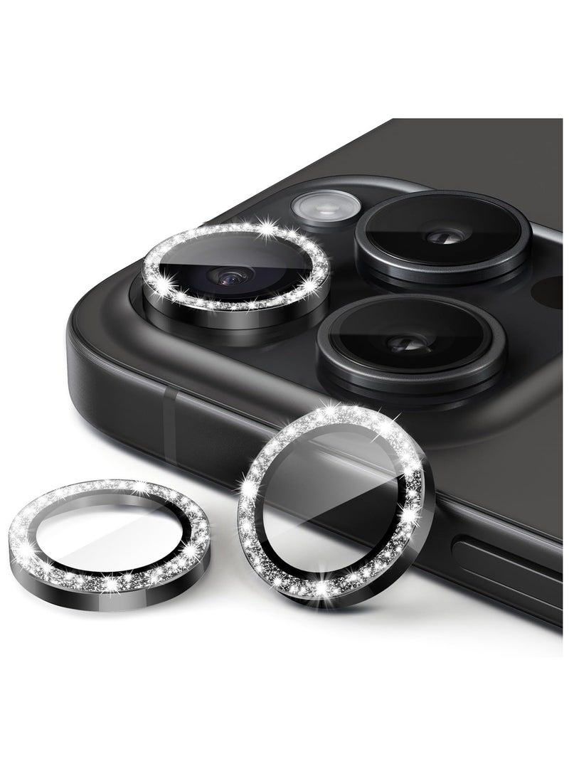 إلترازون Camera Lens Protector for iPhone 15 Pro 6.1-Inch and iPhone 15 Pro Max 6.7-Inch, Bling Glitter Individual 9H Tempered Glass Metal Ring Cover, HD Clear, 3-Pack (Black Titanium) - Image 1