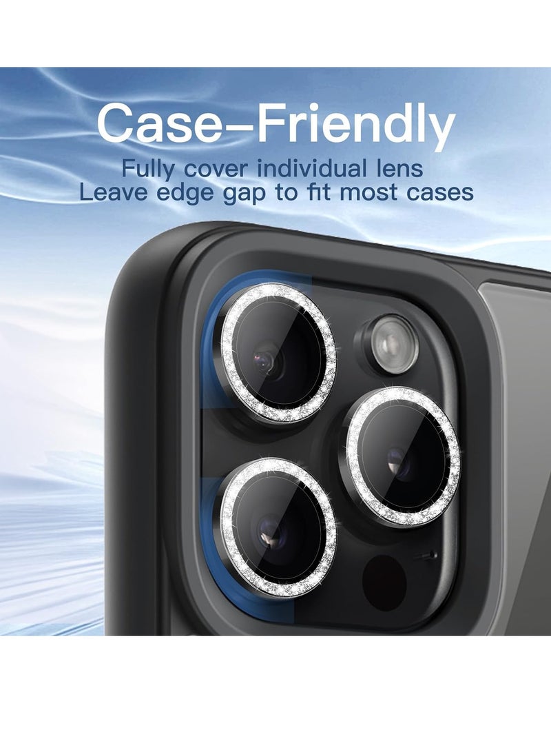 إلترازون Camera Lens Protector for iPhone 15 Pro 6.1-Inch and iPhone 15 Pro Max 6.7-Inch, Bling Glitter Individual 9H Tempered Glass Metal Ring Cover, HD Clear, 3-Pack (Black Titanium) - Image 5