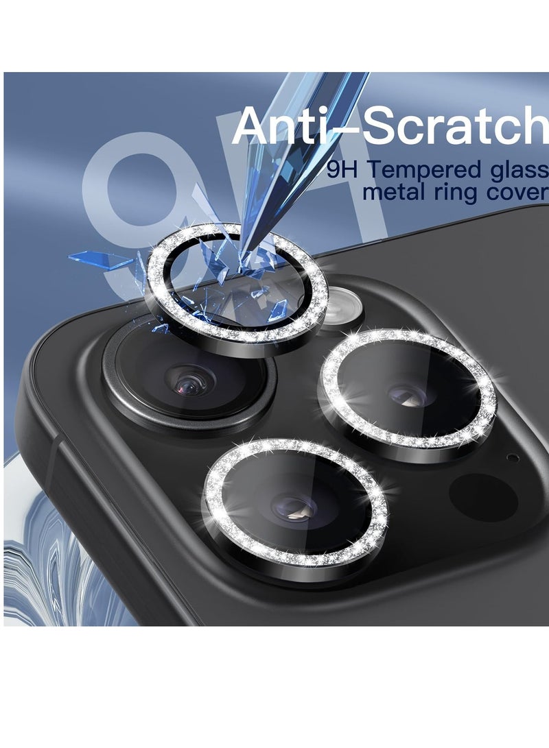 إلترازون Camera Lens Protector for iPhone 15 Pro 6.1-Inch and iPhone 15 Pro Max 6.7-Inch, Bling Glitter Individual 9H Tempered Glass Metal Ring Cover, HD Clear, 3-Pack (Black Titanium) - Image 4