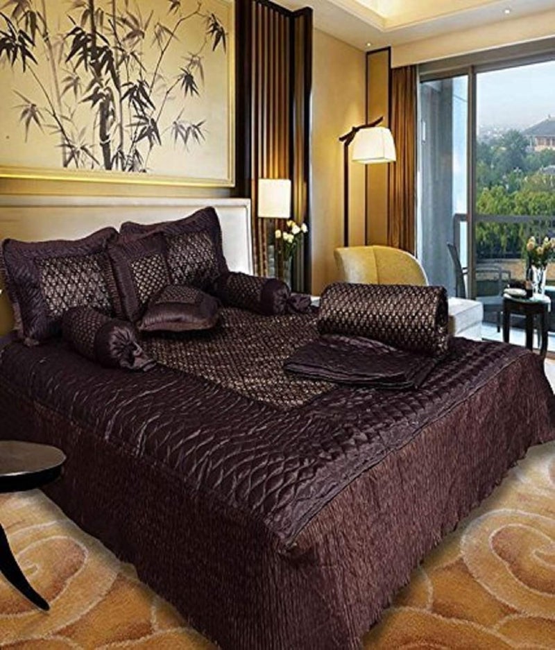 ManavRachit Satin Gold Printed 310 TC Double Bed Wedding Bedding Set 8 Pieces for Home Living Room Butti Print Coffee Butti Color - Image 5