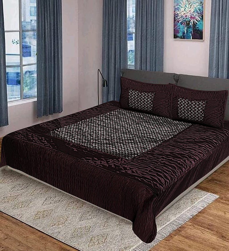 ManavRachit Satin Gold Printed 310 TC Double Bed Wedding Bedding Set 8 Pieces for Home Living Room Butti Print Coffee Butti Color - Image 4