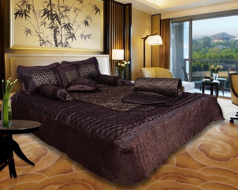 ManavRachit Satin Gold Printed 310 TC Double Bed Wedding Bedding Set 8 Pieces for Home Living Room Butti Print Coffee Butti Color - Image 1