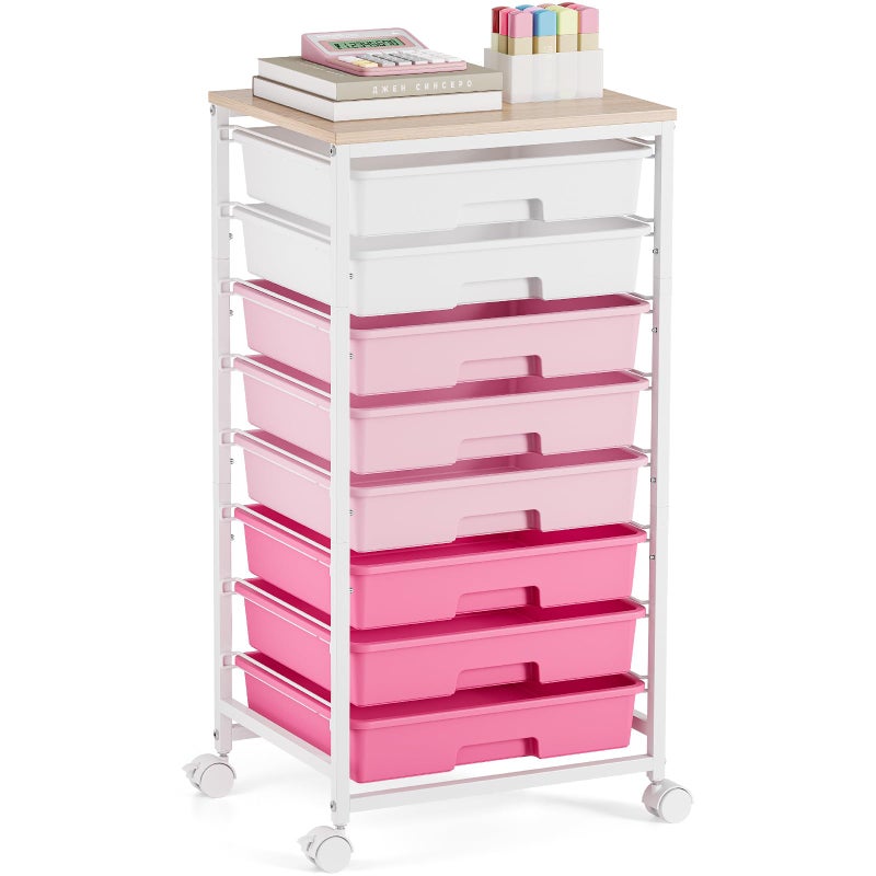 TOOLF Rolling Cart with Drawers, Pink Cart with 8 Plastic Drawer Storage and Wooden Tabletop, Craft Storage, Teacher Cart, Storage Cart on Wheels, Rose Pink - Image 1