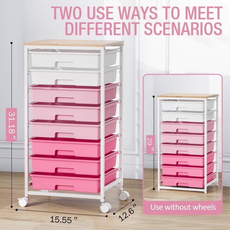 TOOLF Rolling Cart with Drawers, Pink Cart with 8 Plastic Drawer Storage and Wooden Tabletop, Craft Storage, Teacher Cart, Storage Cart on Wheels, Rose Pink - Image 5