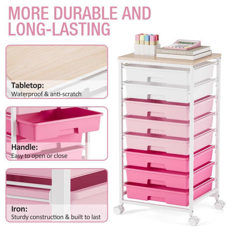 TOOLF Rolling Cart with Drawers, Pink Cart with 8 Plastic Drawer Storage and Wooden Tabletop, Craft Storage, Teacher Cart, Storage Cart on Wheels, Rose Pink - Image 4