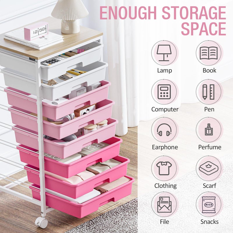 TOOLF Rolling Cart with Drawers, Pink Cart with 8 Plastic Drawer Storage and Wooden Tabletop, Craft Storage, Teacher Cart, Storage Cart on Wheels, Rose Pink - Image 3