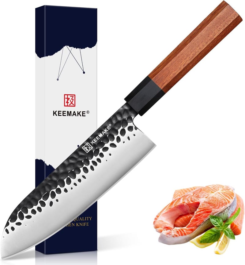 KEEMAKE Santoku Knife 7 inch Chef Knife, Japanese 440C Stainless Steel Kitchen Knife, Porfessional Cooking Knife for Meat Cutting with G10 Bolster Octagonal Wood Handle - Image 1