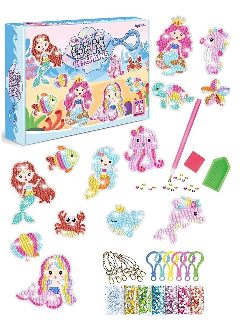 FengSVMA Arts and Crafts for Girls, 15pcs Suncatchers Gem Keychain, Mosaic Diamond Painting Kit for Kids ages 4-6-8-10-12, Paint by Number Accessories, Toys and Gifts for Children (Ocean Mermaid Set)  - Image 1