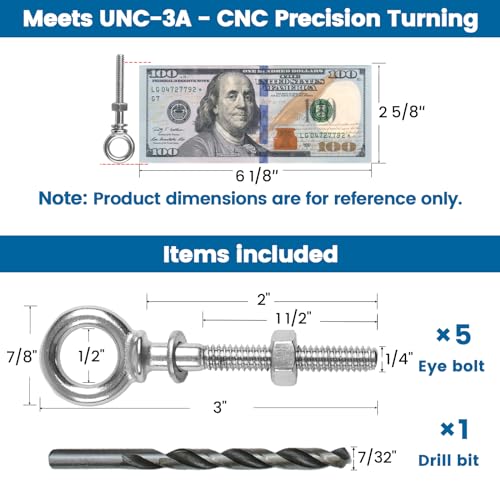 Muzata 5 Pack 1/4" x 2" Eye Bolt T316 Stainless Steel Eye Bolts with Nuts Washers Threaded Heavy Duty Shoulder Lifting Ring Total 3" Length Marine Grade UNC-3A CR31 - Image 2