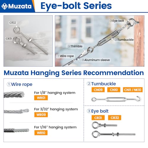 Muzata 5 Pack 1/4" x 2" Eye Bolt T316 Stainless Steel Eye Bolts with Nuts Washers Threaded Heavy Duty Shoulder Lifting Ring Total 3" Length Marine Grade UNC-3A CR31 - Image 5