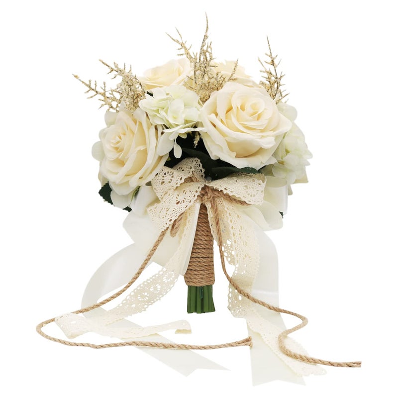 LEIFENY Artificial Plant 1 Champagne White Rose Bridal Bouquet 86 x 102 x 86 inches Wedding Bouquets for Bride Bridesmaid Bouquets with Silk Ribbon Decoration