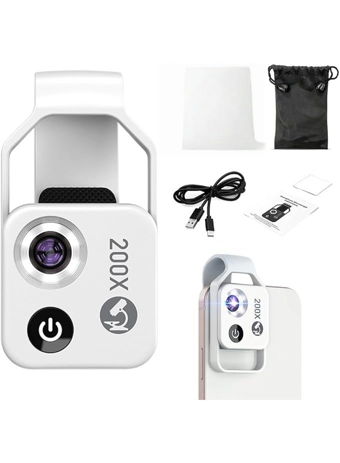 200X Mobile Phone Mini Pocket Microscope, Portable Microscope with LED Light, Clip-on Mobile Phone Microscope with Universal CPL, Miniature World for Kids and Adults (White) - Image 1