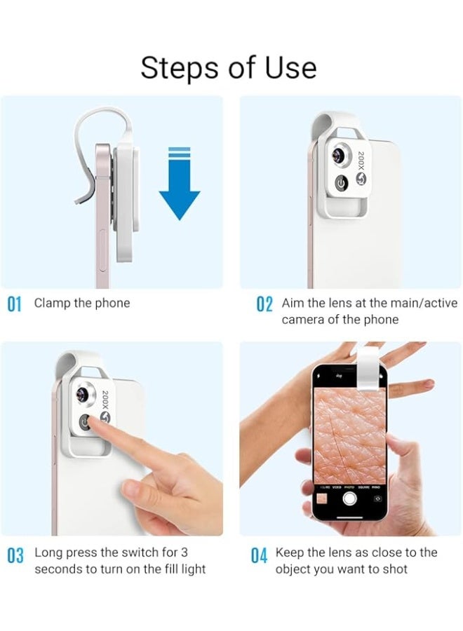 200X Mobile Phone Mini Pocket Microscope, Portable Microscope with LED Light, Clip-on Mobile Phone Microscope with Universal CPL, Miniature World for Kids and Adults (White) - Image 3
