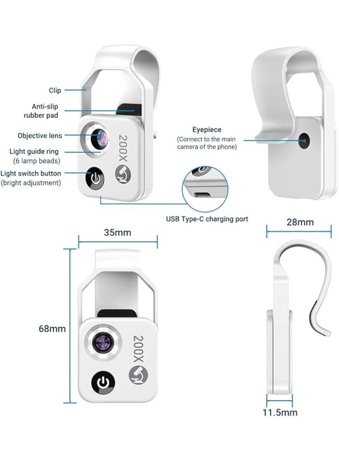 200X Mobile Phone Mini Pocket Microscope, Portable Microscope with LED Light, Clip-on Mobile Phone Microscope with Universal CPL, Miniature World for Kids and Adults (White) - Image 5