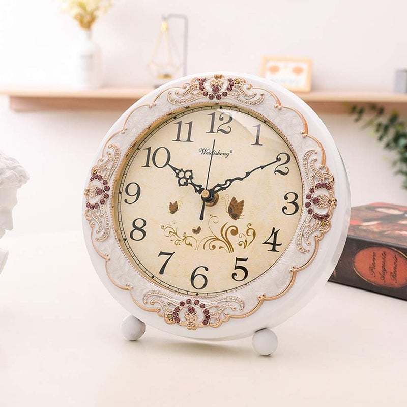 JUSTUP Vintage Table Clock, Retro Non-Ticking European Style Beside Mantle Desk Clock Battery Operated Silent Quartz Movement for Bedroom Living Room Indoor Decor (White) - Image 2