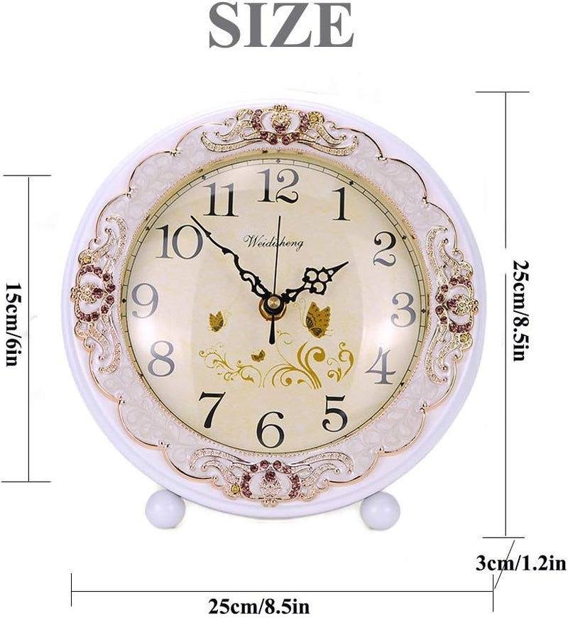 JUSTUP Vintage Table Clock, Retro Non-Ticking European Style Beside Mantle Desk Clock Battery Operated Silent Quartz Movement for Bedroom Living Room Indoor Decor (White) - Image 4