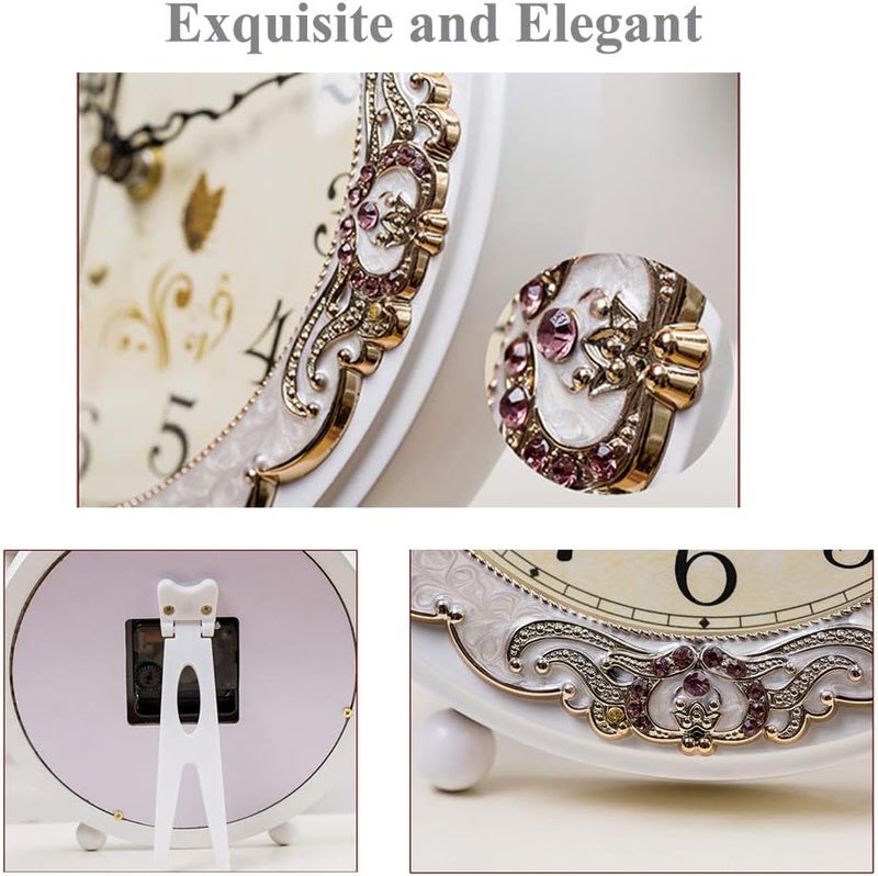 JUSTUP Vintage Table Clock, Retro Non-Ticking European Style Beside Mantle Desk Clock Battery Operated Silent Quartz Movement for Bedroom Living Room Indoor Decor (White) - Image 5