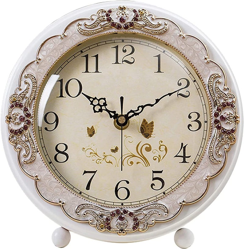 JUSTUP Vintage Table Clock, Retro Non-Ticking European Style Beside Mantle Desk Clock Battery Operated Silent Quartz Movement for Bedroom Living Room Indoor Decor (White) - Image 1