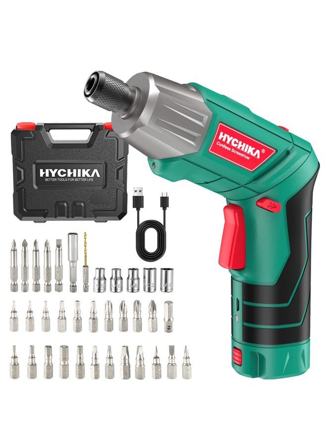 HYCHIKA Cordless Screwdriver, HYCHIKA 4V 2.0Ah Electric Screwdriver Rechargeable Screw Gun & Bit Set, Front LED and Rear Flashlight, Ratchet Wrench, DC Charging with USB Cable, 36pcs Accessories - Image 1