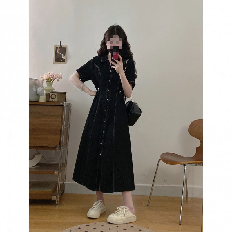 [11,000 People] Plus Size Womens Summer New French Style Fat mm Waist Button Design Slim Denim Dress Jumpsuit length denim cotton (high quality version)