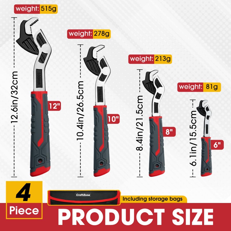 CRAFTZONE Self Adjusting Pipe Wrench 4 Piece Self Locking Wrench Set with Forged Double Threaded Jaws for Pipes Nuts Bolts Plumbing Repair - Image 3