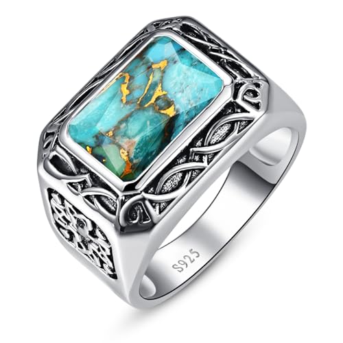 Yaresul Radiant Cut Turquoise Rings for Men 925 Sterling Silver Vintage Turkish Handmade Celtic Pattern Pinky Ring Engagement Ring Band for Dad Father Size 9 - Image 1