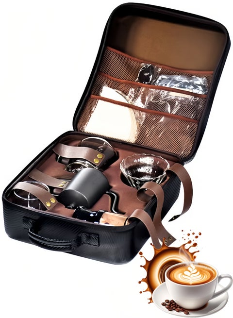 طقم V60 لتحضير القهوة بالتنقيط، 9 قطع، طقم ماكينة تحضير القهوة بالصب V60 مع حقيبة حمل، أسود، سعة 600 مل