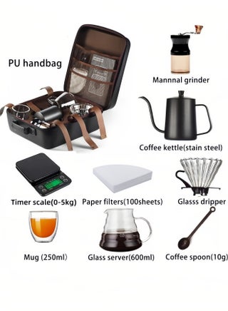 طقم V60 لتحضير القهوة بالتنقيط، 9 قطع، طقم ماكينة تحضير القهوة بالصب V60 مع حقيبة حمل، أسود، سعة 600 مل - view 3