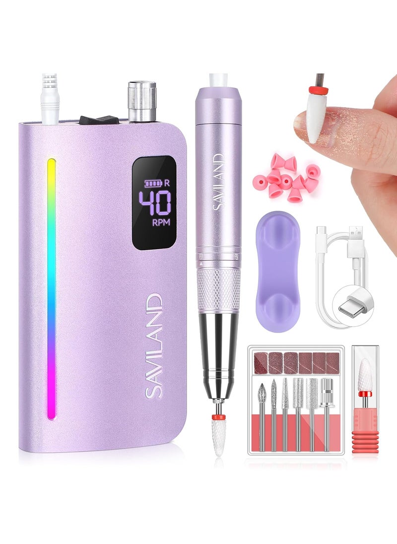Saviland SAVILAND Advance Low Vibration Nail Drill: 40000 RPM Powerful Torque Electric Nail File Professional with Rainbow Light 15H Long Battery Life Coreless Motor Quiet for Quick Acrylic Removal PRO Salon 