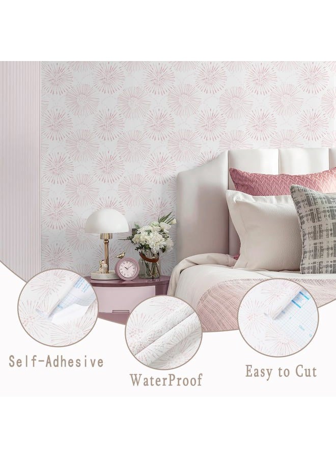 Fiula Peel and Stick Wallpaper Geometric Boho Wall Paper White Pink Fireworks Contact Paper 17.3"×78.7" Self-Adhesive Round Wallpaper for Bedroom Waterproof Removable Shelf Liner Decal Vinyl Roll - Image 2