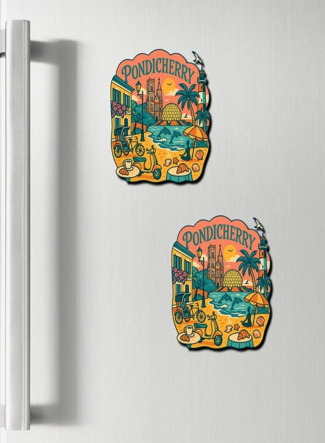 COMONOT Pondicherry Design Decorative Wooden Fridge Magnet, HD Print, 7.6x7.6 cm, Pondicherry City Souvenir | Fridge Decoration Magnet for Kitchen & Home Decor | Stylish Fridge Magnet - Image 2